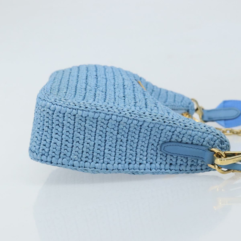 【日本直送】PRADA 拉菲草編織肩包，淺藍色金色，正品 159836SAM-2