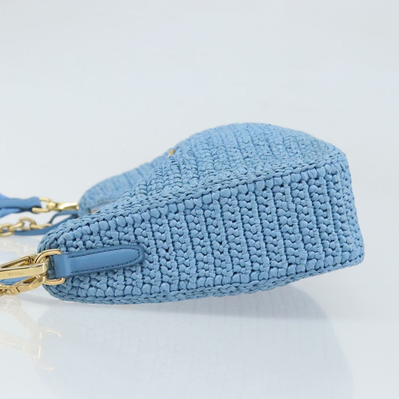 【日本直送】PRADA 拉菲草編織肩包，淺藍色金色，正品 159836SAM-3