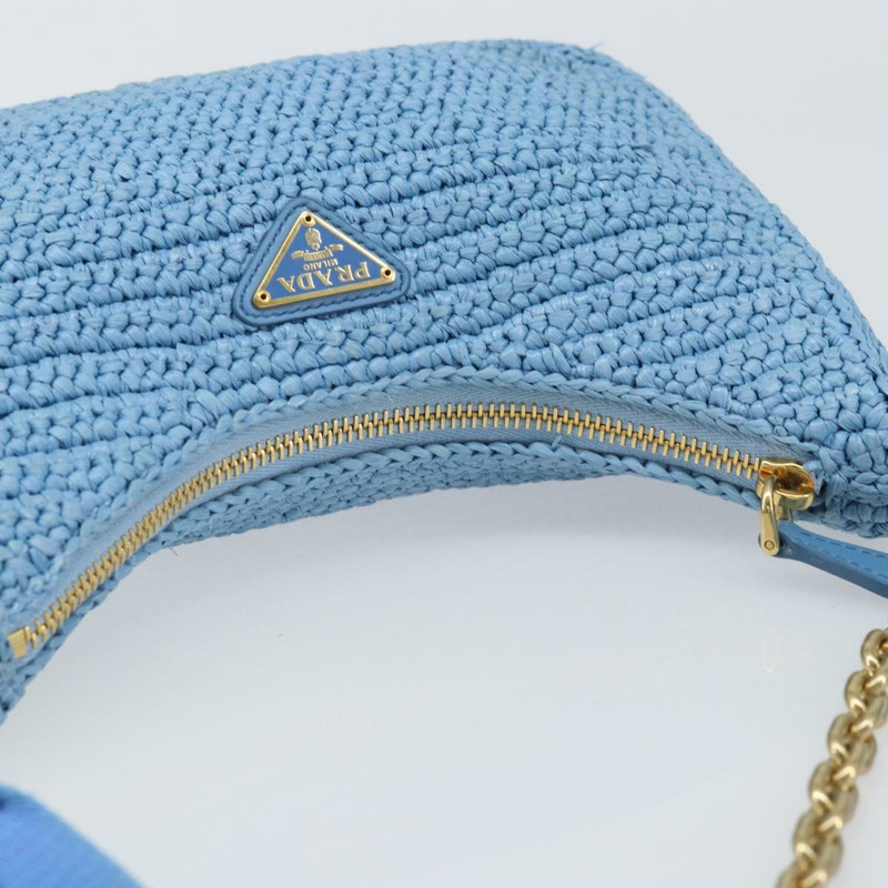 【日本直送】PRADA 拉菲草編織肩包，淺藍色金色，正品 159836SAM-5