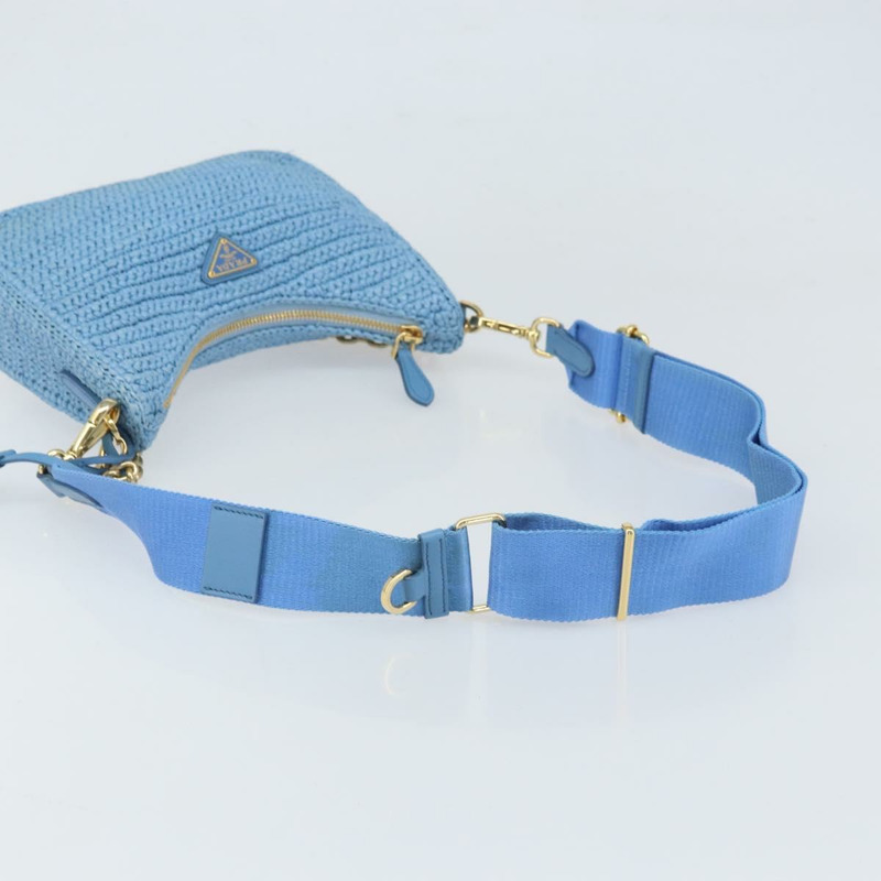 【日本直送】PRADA 拉菲草編織肩包，淺藍色金色，正品 159836SAM-7