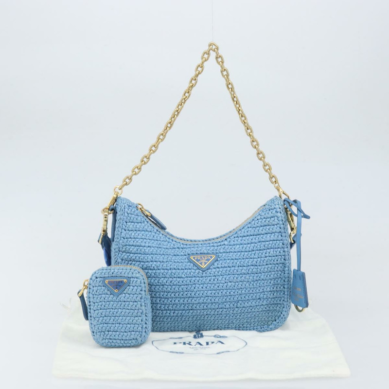 【日本直送】PRADA 拉菲草編織肩包，淺藍色金色，正品 159836SAM-11