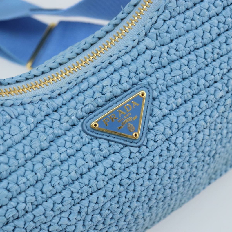 【日本直送】PRADA 拉菲草編織肩包，淺藍色金色，正品 159836SAM-20