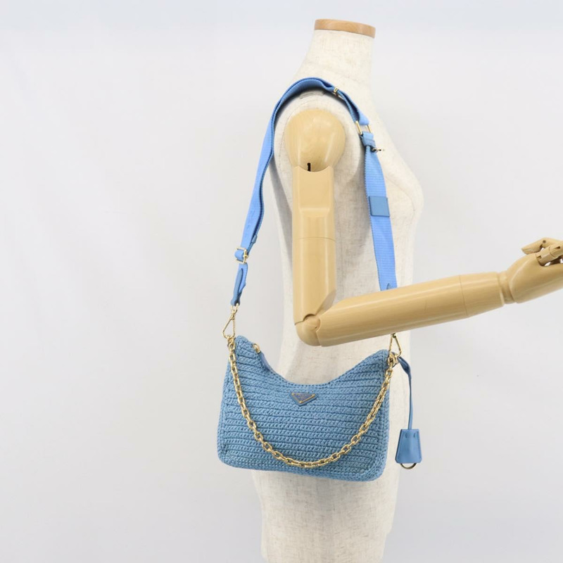 【日本直送】PRADA 拉菲草編織肩包，淺藍色金色，正品 159836SAM-29