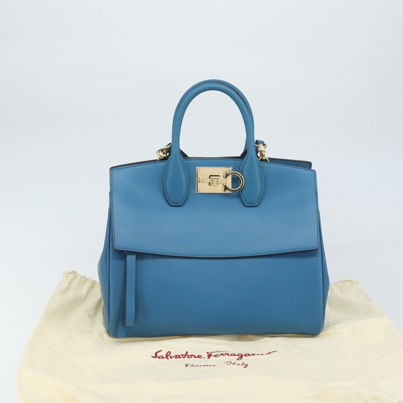【日本直送】Salvatore Ferragamo Gancini Studio 手提包 皮革 2way 藍色金色 Auth 159829M-11