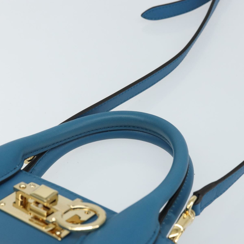 【日本直送】Salvatore Ferragamo Gancini Studio 手提包 皮革 2way 藍色金色 Auth 159829M-13