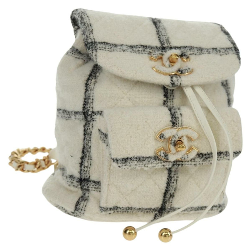 【日本直送】香奈兒斜紋軟呢雙肩包，金色白色，CC標誌，貨號169198SM-0