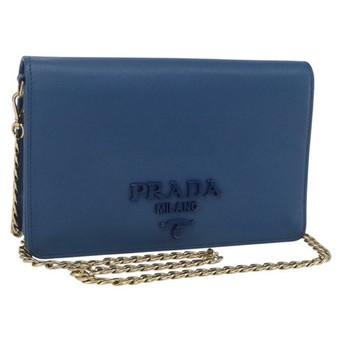 PRADA 鏈條皮夾單肩包 皮革 藍色 金色 正品 ka1886V