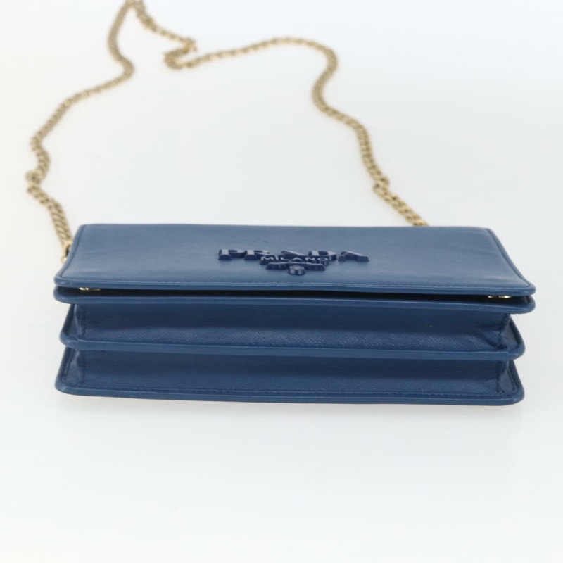 【日本直送】PRADA 鏈條皮夾單肩包 皮革 藍色 金色 正品 ka1886V-4