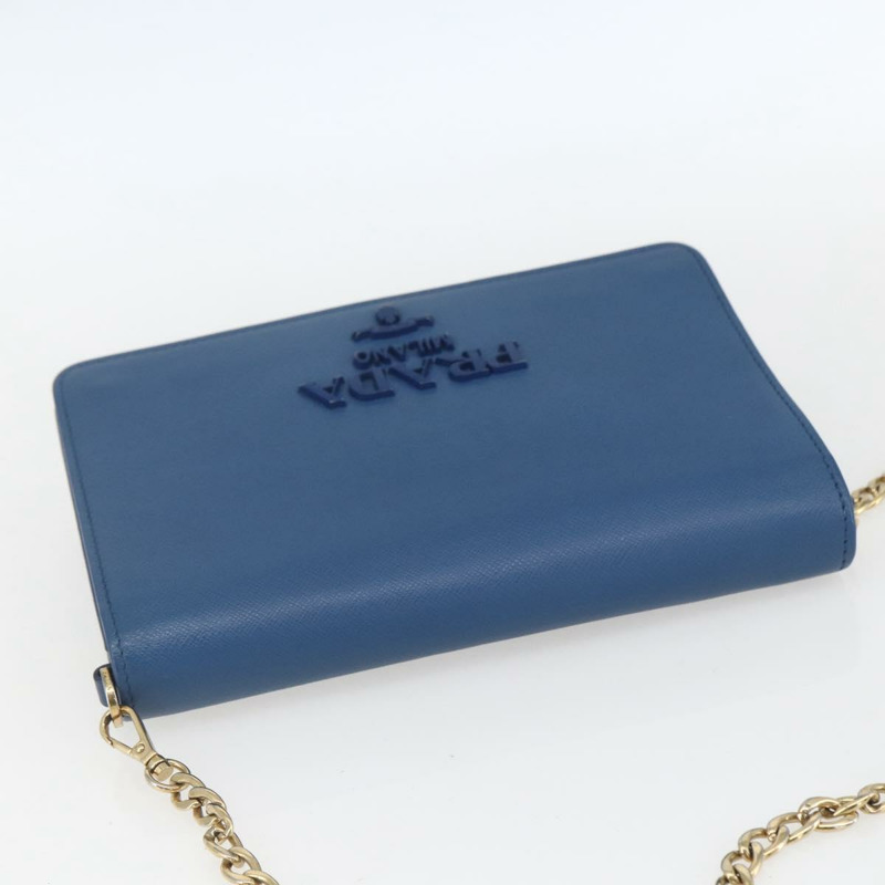 【日本直送】PRADA 鏈條皮夾單肩包 皮革 藍色 金色 正品 ka1886V-5