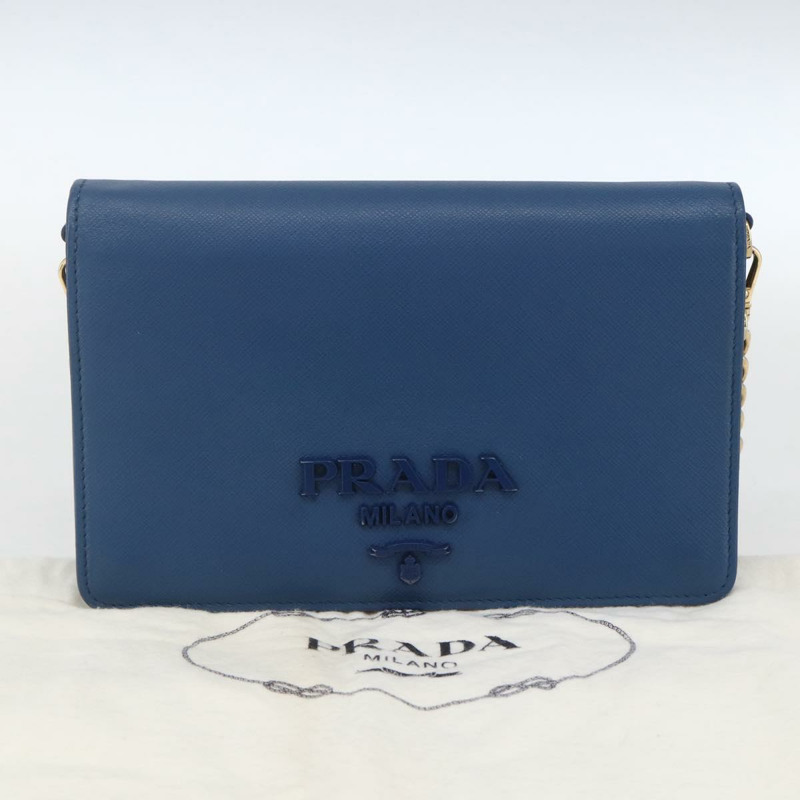 【日本直送】PRADA 鏈條皮夾單肩包 皮革 藍色 金色 正品 ka1886V-11