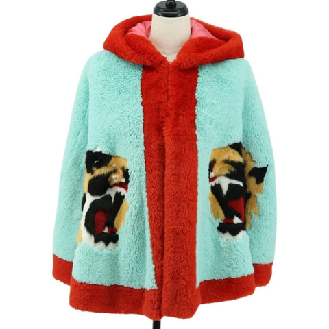 GUCCI 虎紋披肩外套 薄荷綠毛皮 正品 SW2126SM