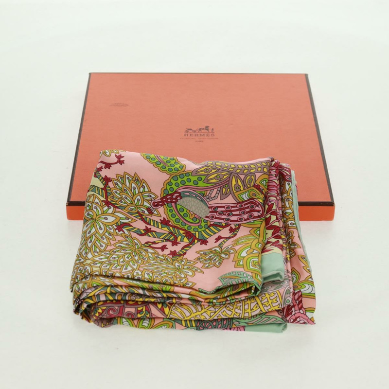 【日本直送】愛馬仕 Carre 140 絲巾 “Maitres de la Foret” 粉紅色真絲 Auth 166376M-11