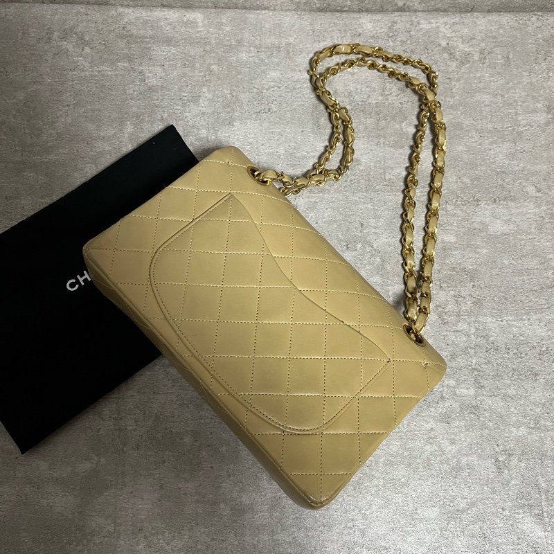 正品 Chanel vintage cf奶茶色金釦-1