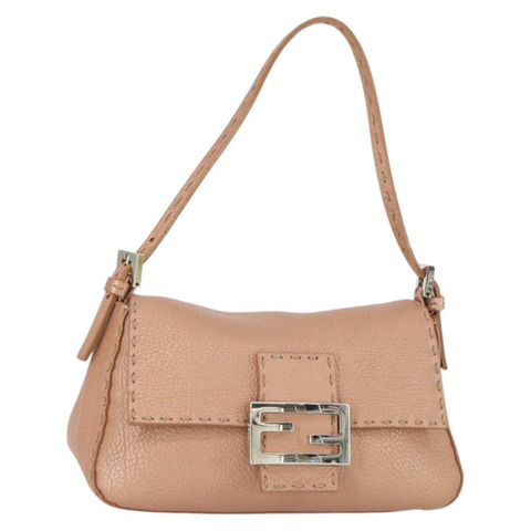 FENDI Selleria Mamma Baguette 單肩包 皮革 粉紅色 銀色 正品 ka2031SAV