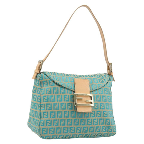 FENDI Zucchino帆布Mamma Baguette單肩包 藍色金色 正品 169717SAV