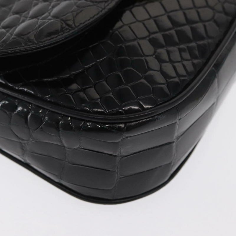 【日本直送】CELINE 鱷魚紋壓花黑色金色鏈條單肩包 Auth 169732V-13