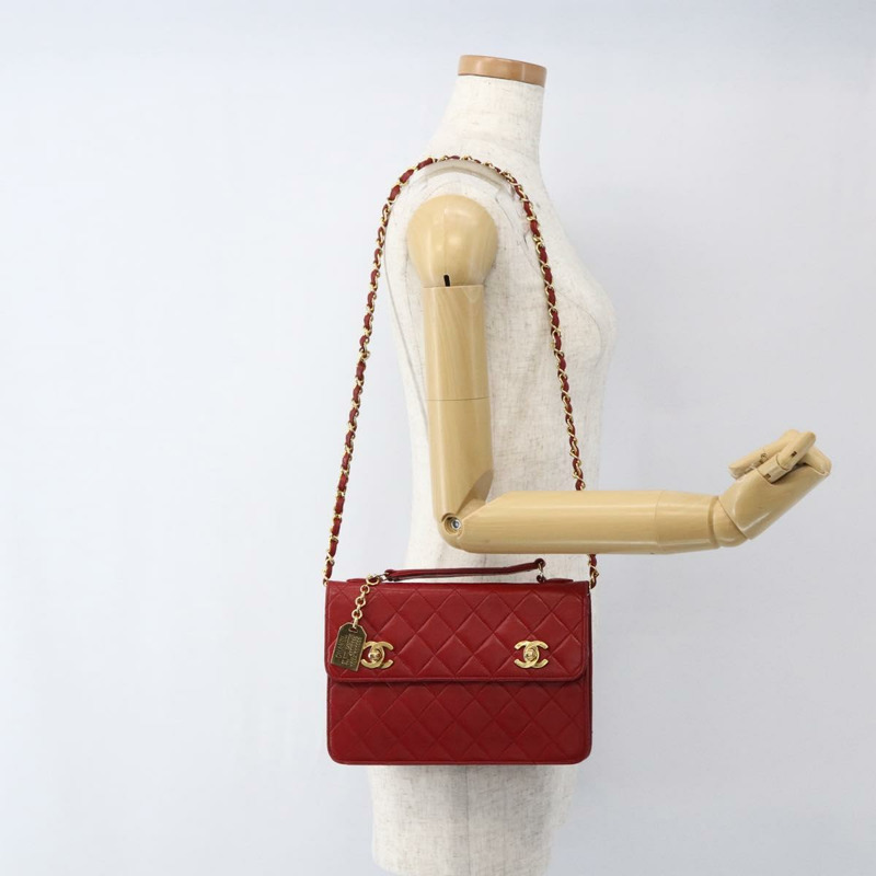 【日本直送】香奈兒 Matelasse 23 雙旋扣鏈條包，羊皮材質，紅色，CC 標誌，正品編號 166468SAM-27