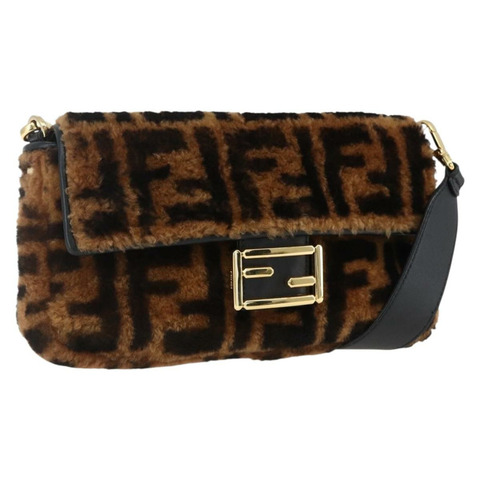 FENDI Zucca帆布Mamma Baguette單肩包，黑色棕色附毛邊，正品編號169591SM
