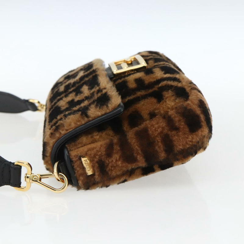 【日本直送】FENDI Zucca帆布Mamma Baguette單肩包，黑色棕色附毛邊，正品編號169591SM-2