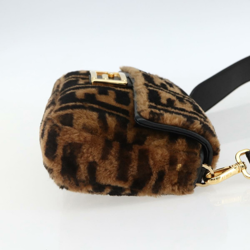 【日本直送】FENDI Zucca帆布Mamma Baguette單肩包，黑色棕色附毛邊，正品編號169591SM-3