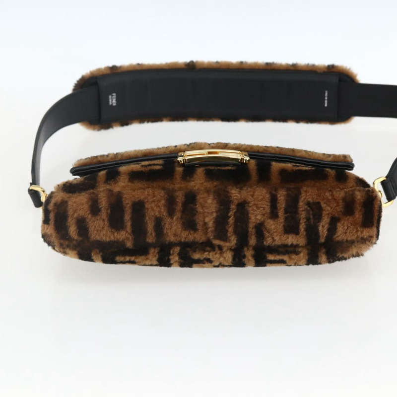 【日本直送】FENDI Zucca帆布Mamma Baguette單肩包，黑色棕色附毛邊，正品編號169591SM-4