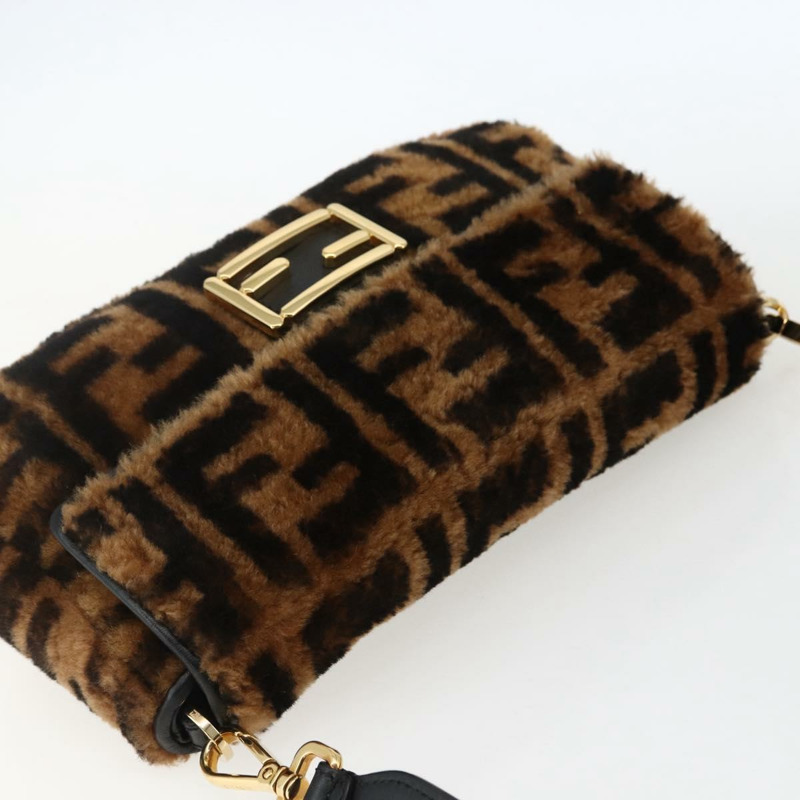 【日本直送】FENDI Zucca帆布Mamma Baguette單肩包，黑色棕色附毛邊，正品編號169591SM-5