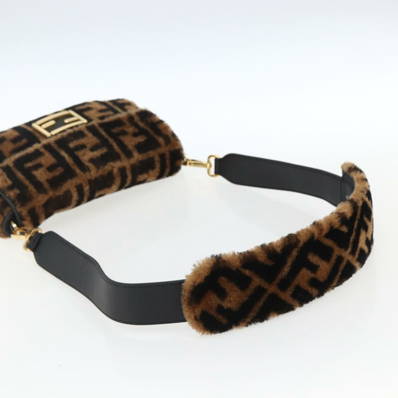 【日本直送】FENDI Zucca帆布Mamma Baguette單肩包，黑色棕色附毛邊，正品編號169591SM-6
