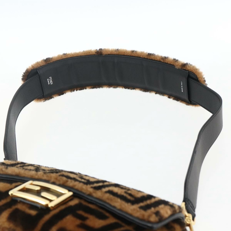 【日本直送】FENDI Zucca帆布Mamma Baguette單肩包，黑色棕色附毛邊，正品編號169591SM-7