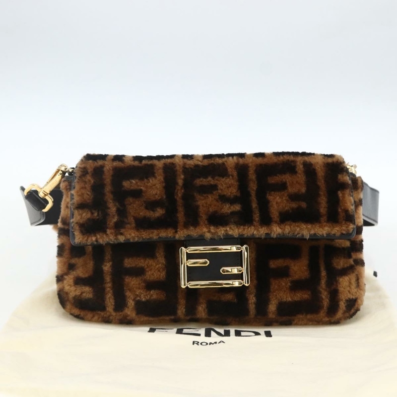 【日本直送】FENDI Zucca帆布Mamma Baguette單肩包，黑色棕色附毛邊，正品編號169591SM-11