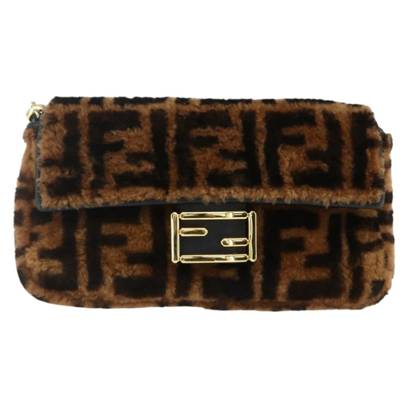 【日本直送】FENDI Zucca帆布Mamma Baguette單肩包，黑色棕色附毛邊，正品編號169591SM-12