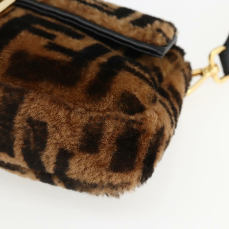 【日本直送】FENDI Zucca帆布Mamma Baguette單肩包，黑色棕色附毛邊，正品編號169591SM-13