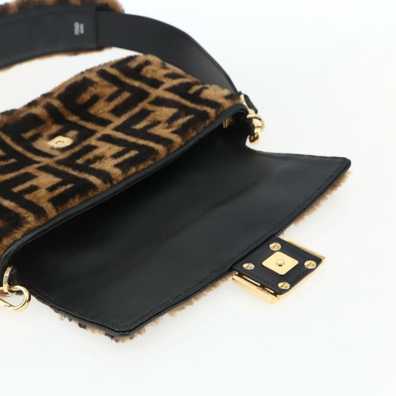 【日本直送】FENDI Zucca帆布Mamma Baguette單肩包，黑色棕色附毛邊，正品編號169591SM-17