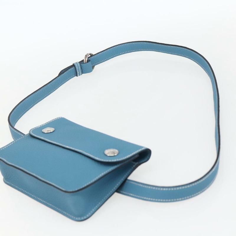 【日本直送】愛馬仕 Pochette 綠色腰包，皮革，藍色銀色，正品 166361SM-7