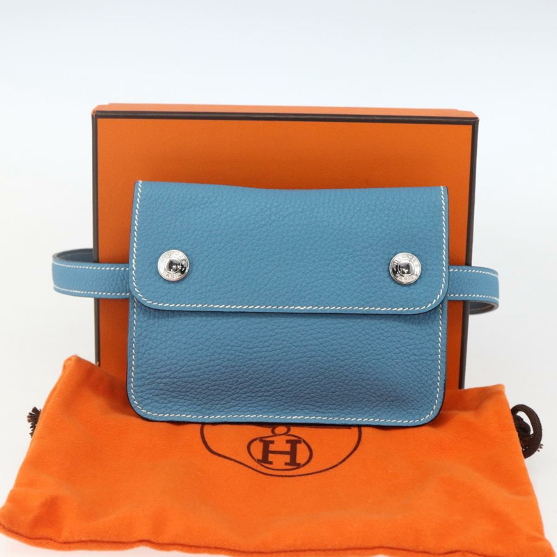 【日本直送】愛馬仕 Pochette 綠色腰包，皮革，藍色銀色，正品 166361SM-11