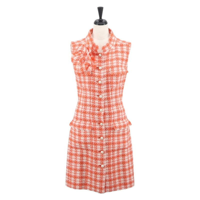 【日本直送】香奈兒橙色斜紋軟呢無袖連身裙，CC標誌，貨號169141M-0