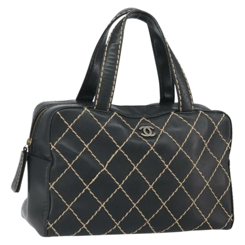 【日本直送】香奈兒 (CHANEL) 野性縫線手提包，黑色皮革，金色雙C標誌，正品 BA10500V-0