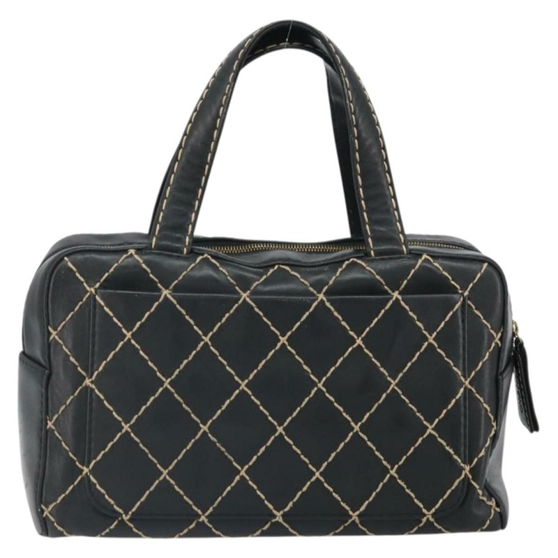 【日本直送】香奈兒 (CHANEL) 野性縫線手提包，黑色皮革，金色雙C標誌，正品 BA10500V-1