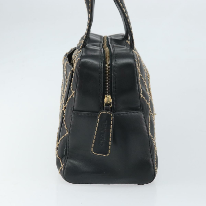【日本直送】香奈兒 (CHANEL) 野性縫線手提包，黑色皮革，金色雙C標誌，正品 BA10500V-3