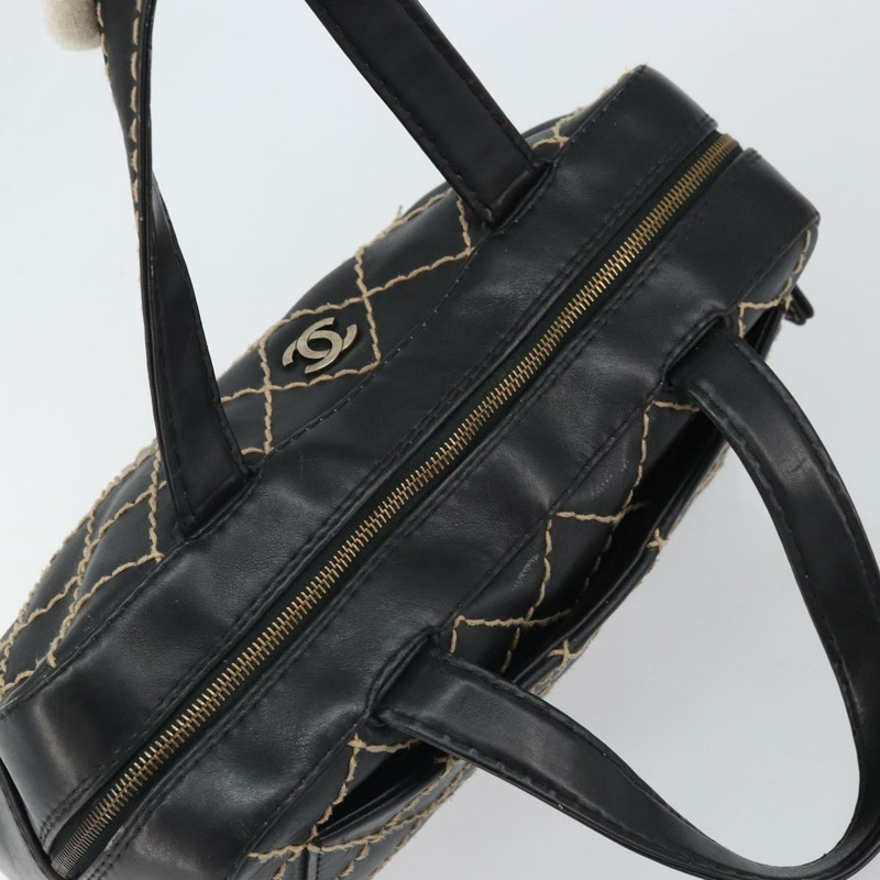 【日本直送】香奈兒 (CHANEL) 野性縫線手提包，黑色皮革，金色雙C標誌，正品 BA10500V-5