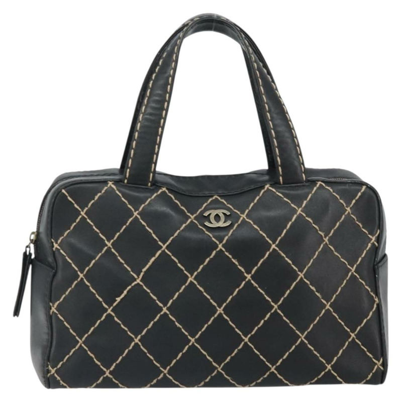 【日本直送】香奈兒 (CHANEL) 野性縫線手提包，黑色皮革，金色雙C標誌，正品 BA10500V-12