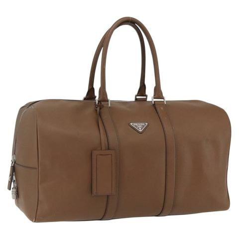 PRADA 波士頓包 Safiano 皮革 棕色 銀色 正品 am10770V