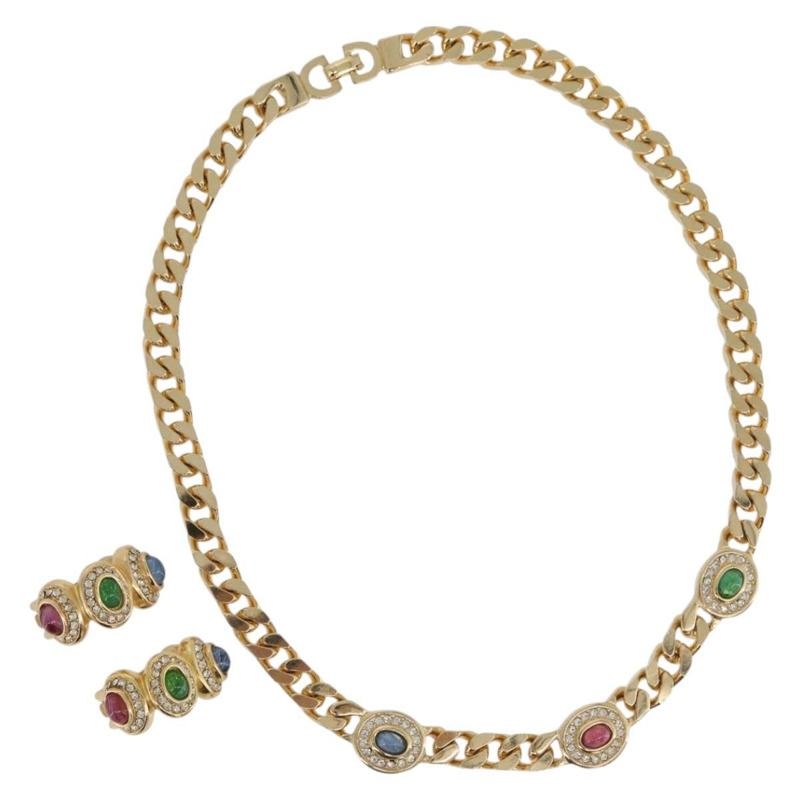 【日本直送】Christian Dior 彩色水鑽項鍊 金屬 2 件組 金色 Auth am10776V-0