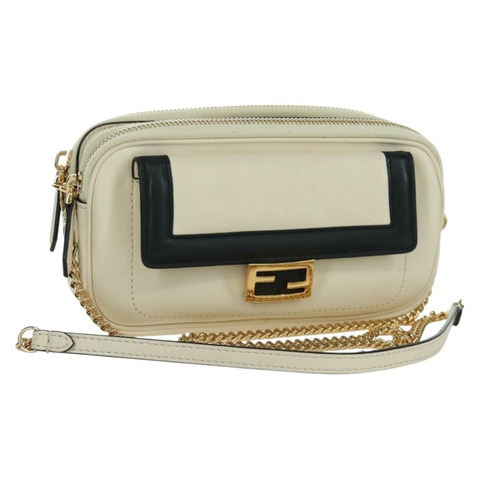 FENDI Easy Baguette 鏈條單肩包 皮革 象牙色 金色 正品 173156M