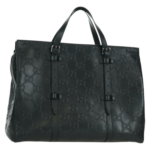 GUCCI GG 壓花手提包 PVC 黑色金色 Auth mr2079V