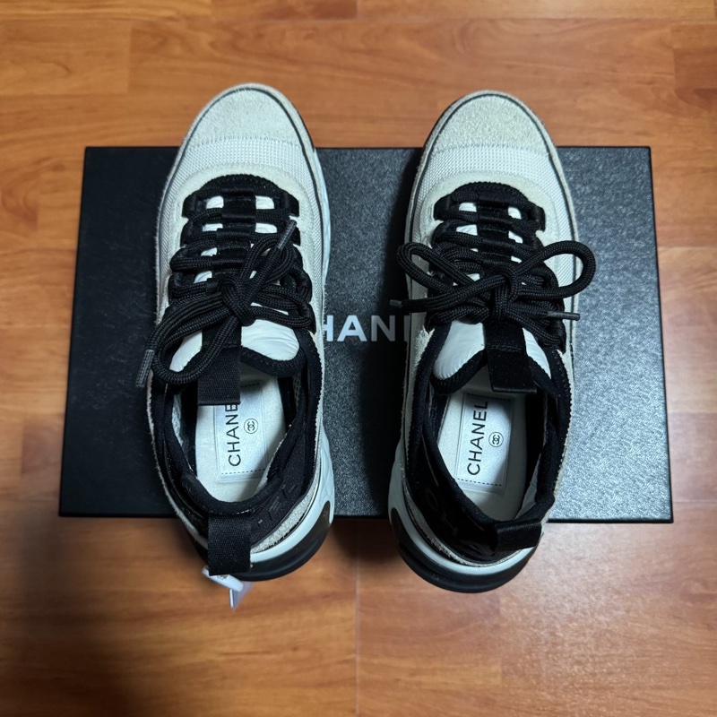 Chanel正品運動鞋香奈兒徽標雙c休閒鞋 女款白灰色 36碼-3