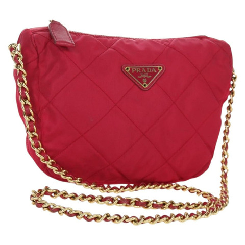 PRADA 尼龍粉紅金色鏈條單肩包 Auth 166995A