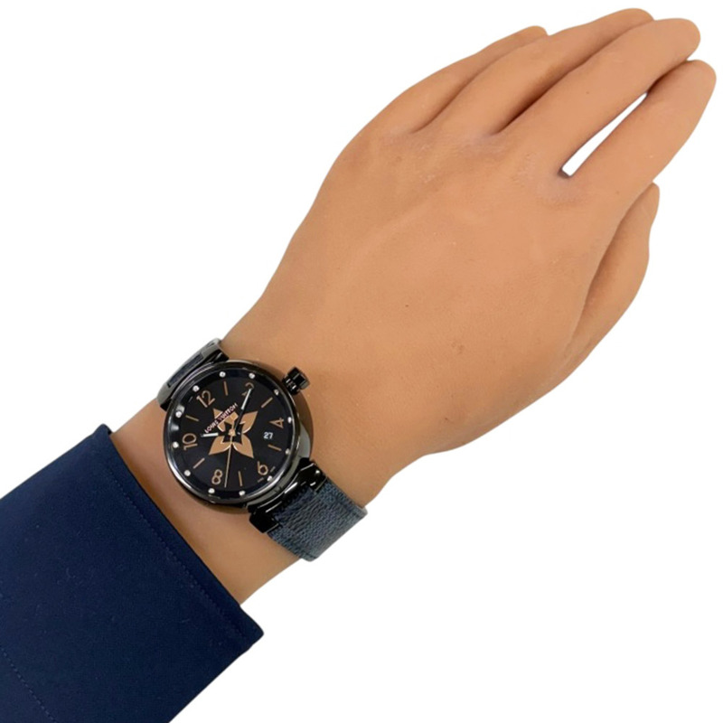 二手路易威登 Tambour 全黑 GM 手錶，不鏽鋼，QA049，石英機芯，男士。-1