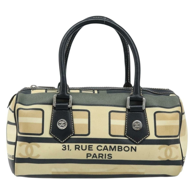 【日本直送】香奈兒中央車站波士頓包 PVC 皮革 黑色 米色 CC 標誌 正品 171456A-1