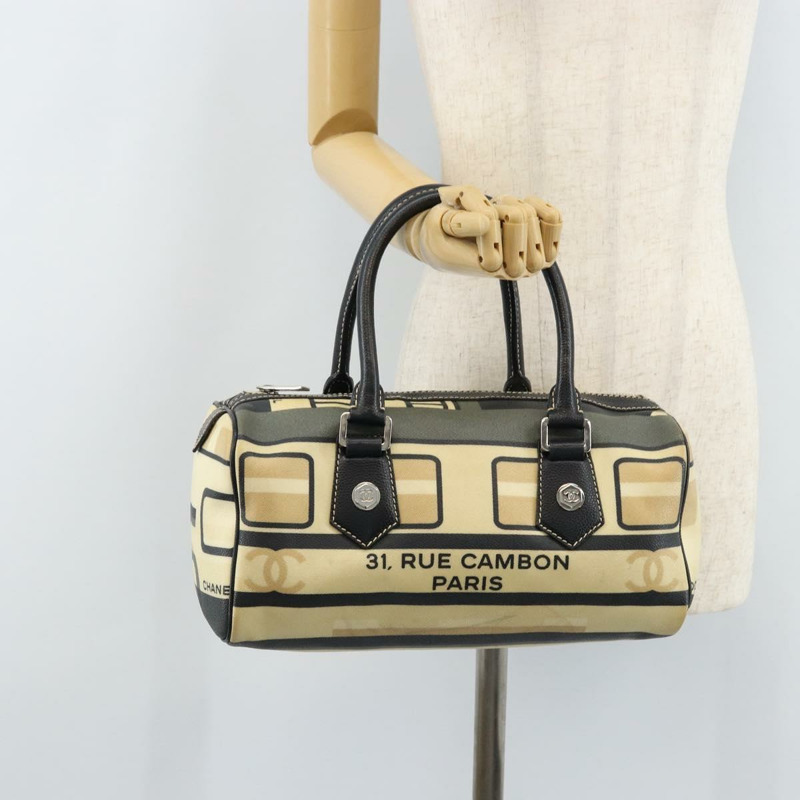 【日本直送】香奈兒中央車站波士頓包 PVC 皮革 黑色 米色 CC 標誌 正品 171456A-23