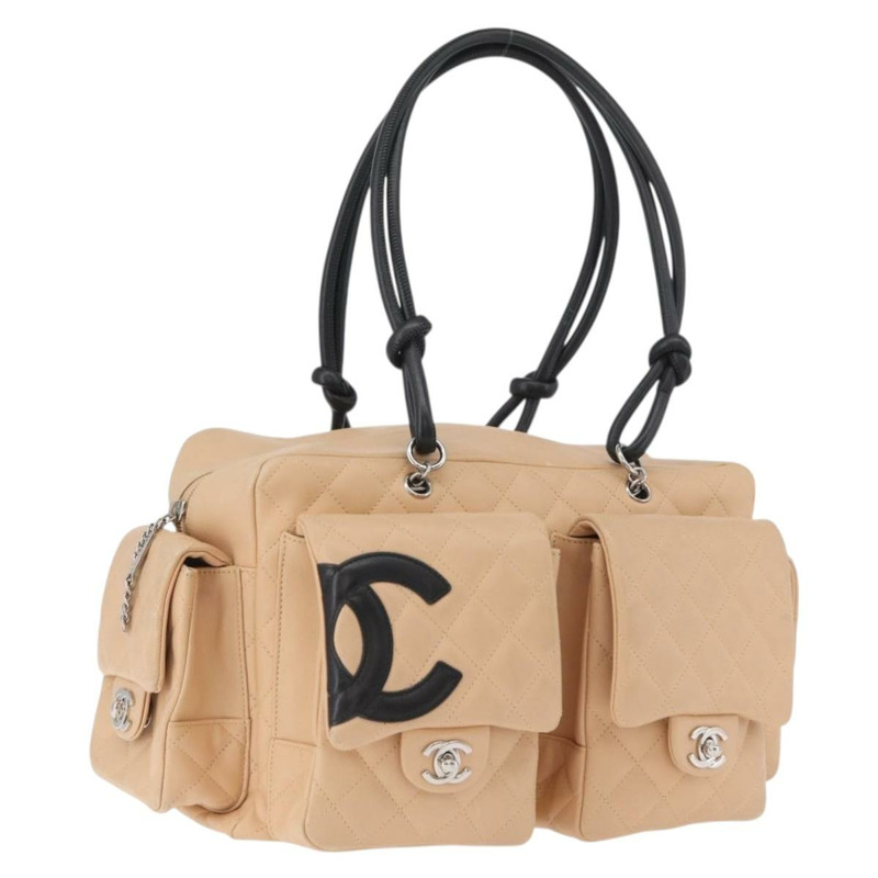 【日本直送】香奈兒 Cambon 系列絎縫手提包，米色皮革，銀色雙C標誌，正品編號 171502SAV-0